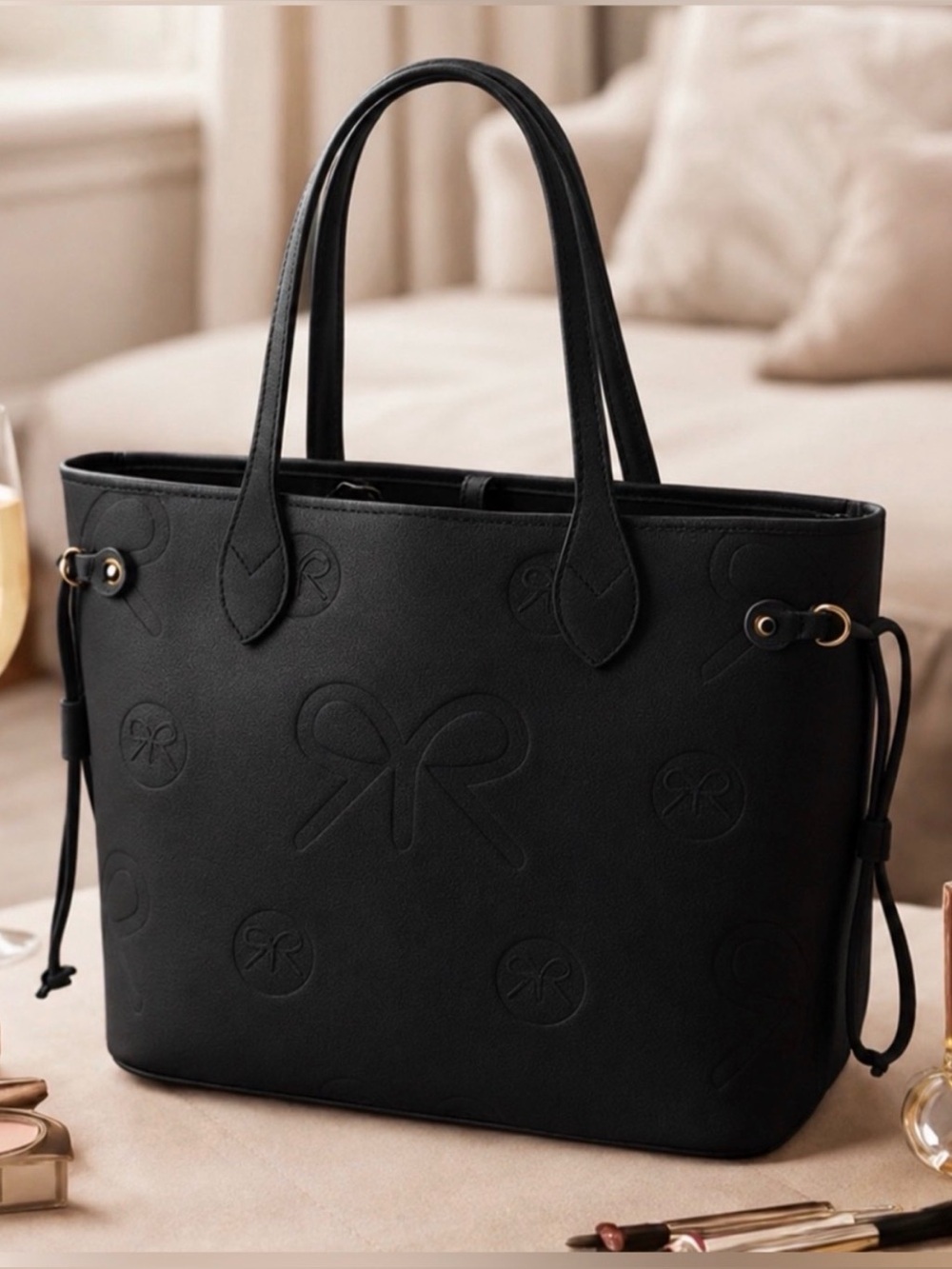 RUBY RIBBON Classic Black Tote Bag with Embossed Bow Detail - NEW WITH TAGS